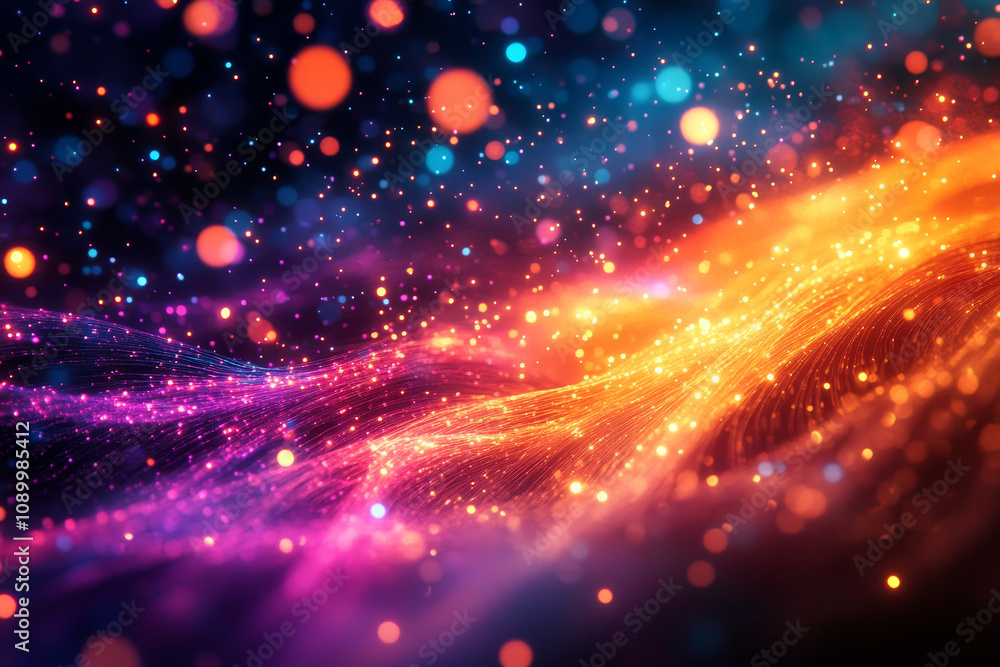 Poster colorful abstract background with glowing particles and waves, creating vibrant and dynamic atmosphe