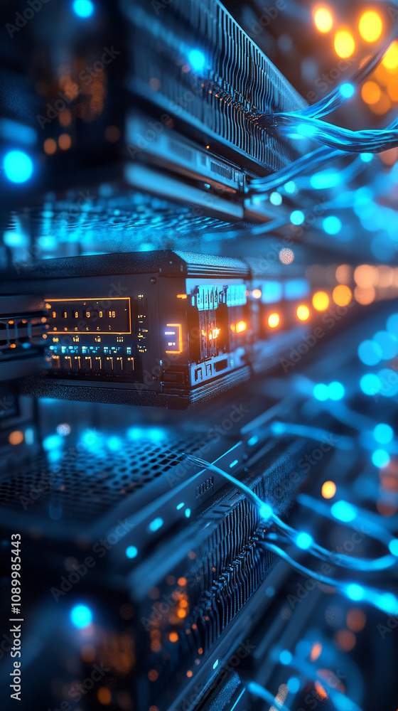 Poster modern data center with glowing blue cables and servers, showcasing advanced technology and connecti