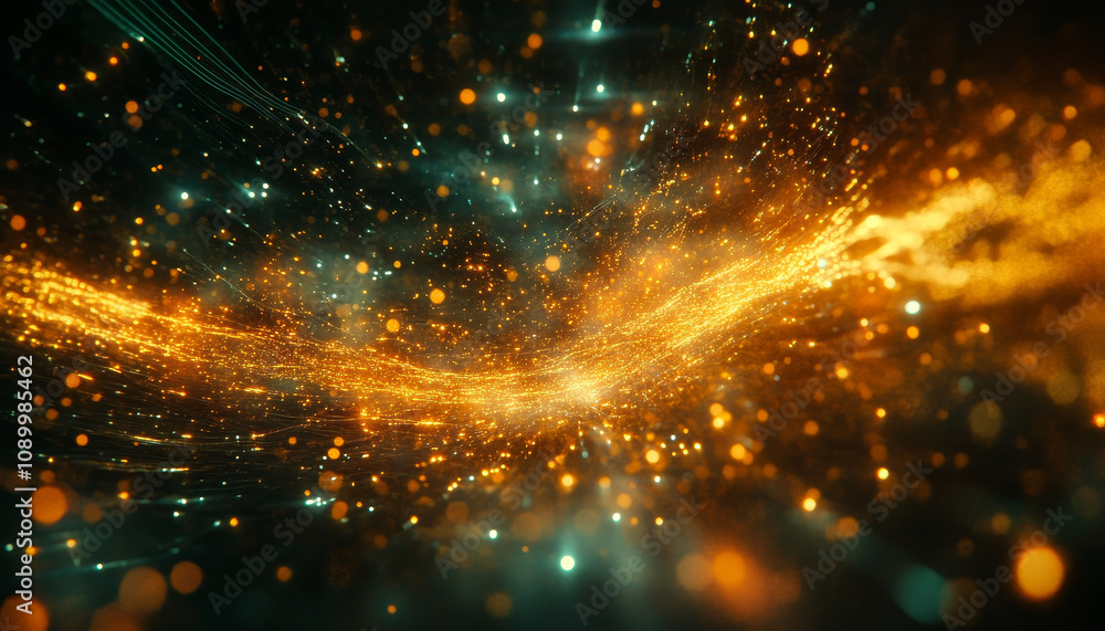 Poster intricate digital network with illuminated cables and glowing particles creates mesmerizing visual e