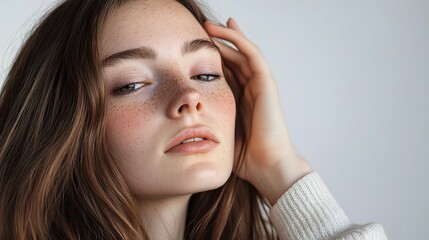 Obraz premium Captivating Portrait of a Young Woman with Freckles and Lush Hair, Featuring Subtle Expressions Against a Neutral Background
