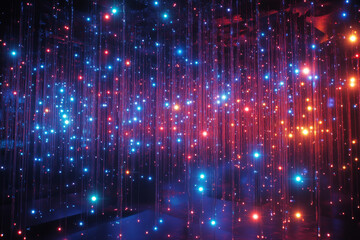 mesmerizing display of colorful lights creates stunning visual effect, resembling starry night sky. vibrant blue, red, and orange hues illuminate space, enhancing atmosphere