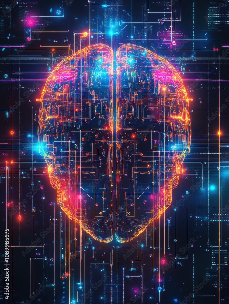 Aufkleber An abstract digital brain visualization features vibrant colors and complex patterns illustrating neural connections and data flow. Generative AI