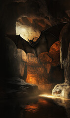 Eerie Bat Ambiance: Menacing Halloween Setting in a Cave with Lifelike Aesthetics