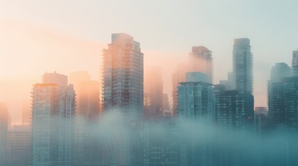 Fototapeta premium The city skyline emerges from thick fog at dawn, revealing striking high-rise buildings bathed in soft morning light