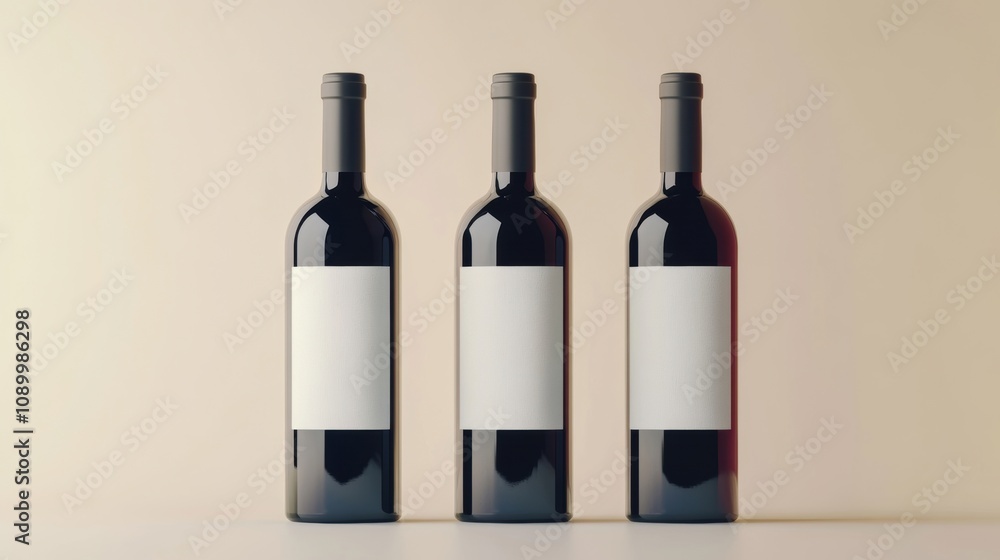 Poster three dark wine bottles with blank labels positioned upright against a smooth, neutral backdrop, cre