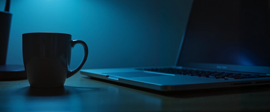 Coffee mug and laptop in blue night light