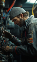 Fototapeta premium Mechanic in Punk Style Inspecting Machinery for Auto Repair Site