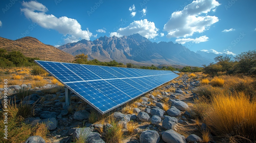 Aufkleber solar panels are aligned to capture sunlight in a tranquil setting featuring rolling mountains and s