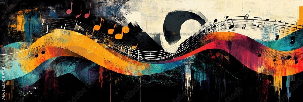 Aufkleber dynamic patterns illustrate sound waves and musical notes, showcasing a vivid blend of colors agains
