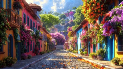 Naklejka premium A vibrant street lined with colorful houses and blooming flowers.