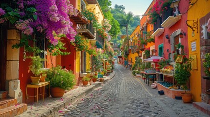 Fototapeta premium Colorful cobblestone street adorned with flowers and vibrant buildings.