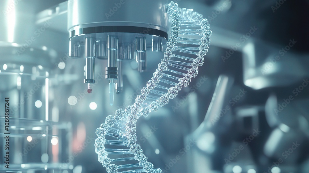 Poster high-resolution image of dna strand undergoing advanced scientific analysis with precision machinery