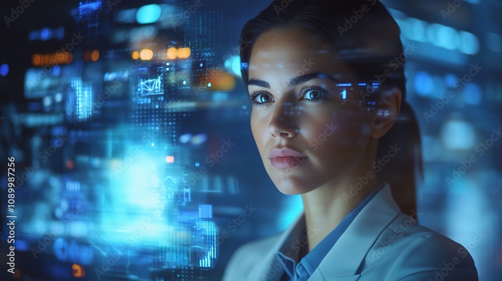 Poster captivating portrait of a woman analyzing data with digital interface elements in a futuristic envir