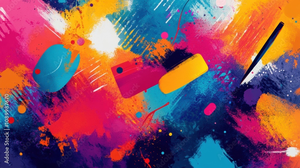 Fototapete bright colors interact in a lively abstract artwork with brush strokes and geometric shapes creating