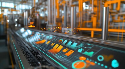 Colorful graphs and charts in a factory setting showcase industrial IoT solutions, boosting productivity.