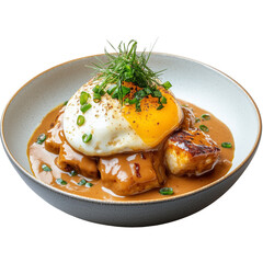 A serving of Japanese-style curry with tender pork chunks and fluffy omelette (omurice) topping, showcasing the rich golden curry sauce and soft egg texture.