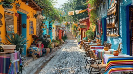 Fototapeta premium Colorful street lined with tables and vibrant decorations.