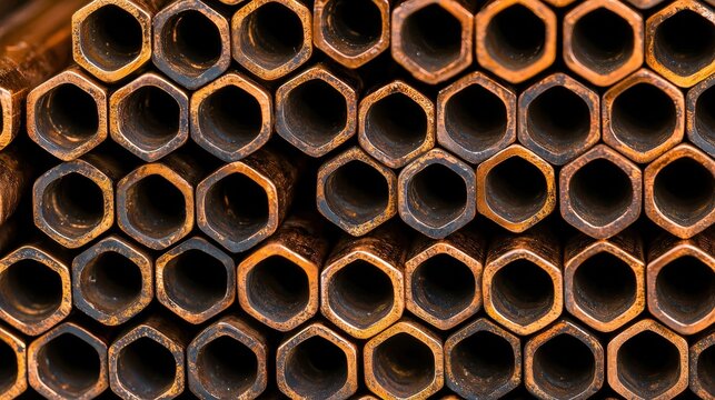 Polished copper pipes stacked neatly in parallel row industrial workshop close-up photography contemporary environment overhead view craftsmanship concept for seo impact