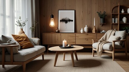 Cozy living room interior, Scandinavian style. Wooden furniture and elegant.
