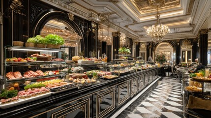 Naklejka premium Elegant buffet spread in a luxurious restaurant setting.