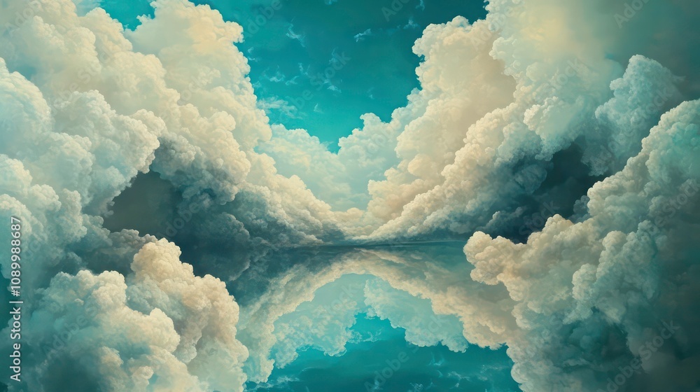 Poster a surreal landscape of clouds reflecting on a still water surface, creating a sense of depth and mys