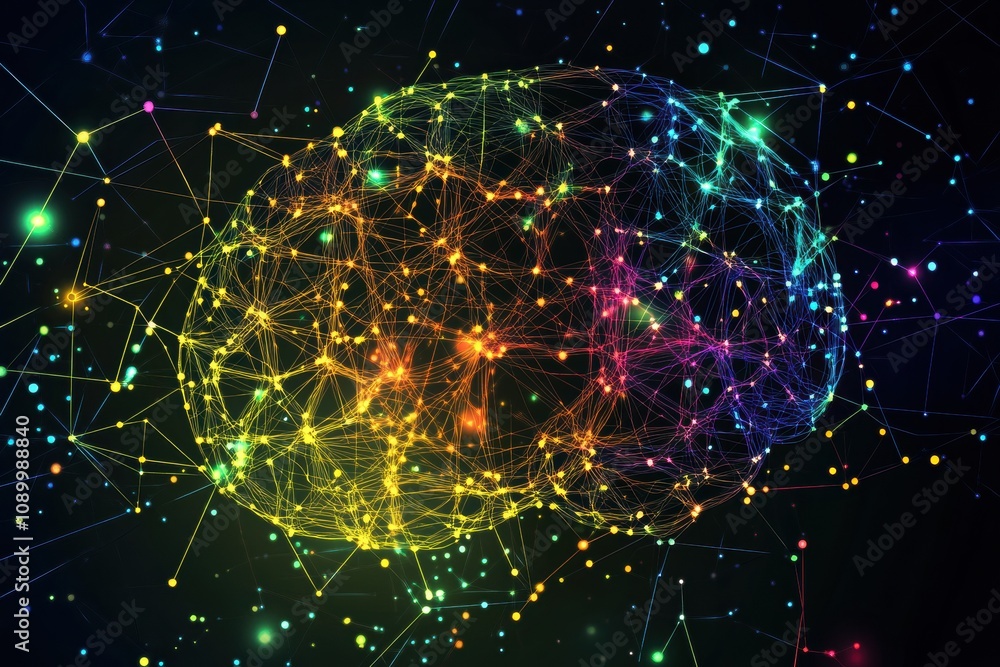 Poster A vibrant digital brain with colorful neural connections and glowing lights highlights the fusion of technology and creativity. Generative AI