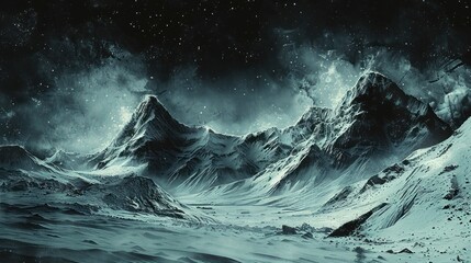 A dark, icy mountain landscape under a starry sky.