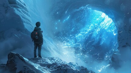 Obraz premium A child gazes into a glowing, icy cavern of blue light.