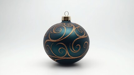 Teal Christmas bauble with gold swirls.