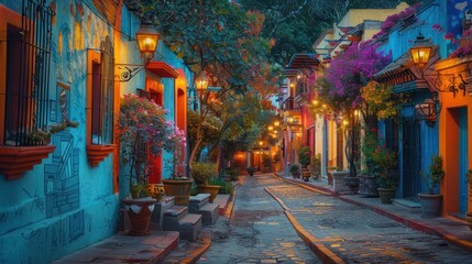 Fototapeta premium Colorful street illuminated by lanterns and vibrant flowers at dusk.