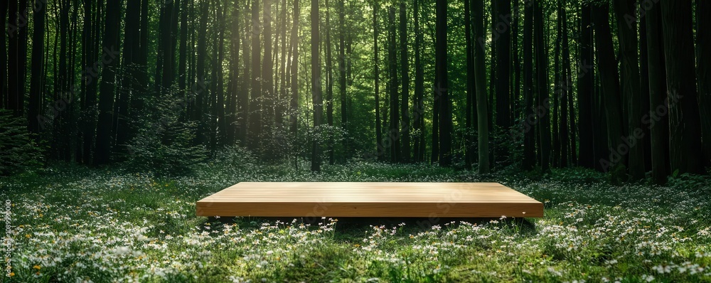 Poster natural relaxation and meditation rejuvenate concepts. a wooden platform in a serene forest setting 