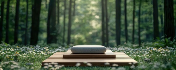 Natural relaxation and meditation rejuvenate concepts. Serene meditation space in a lush forest setting with a stone and wooden platform.