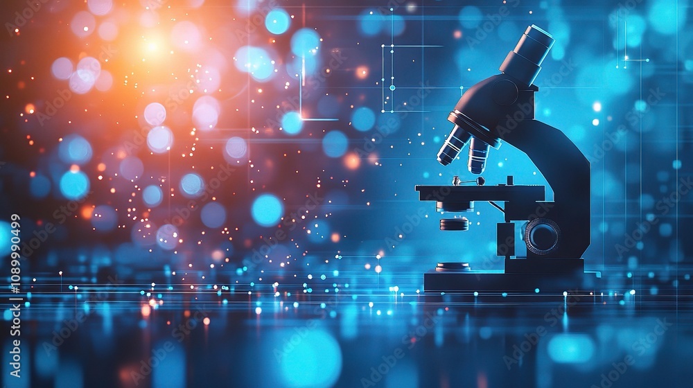 Poster detailed close-up of a microscope in a laboratory setting with bokeh effects and digital data elemen