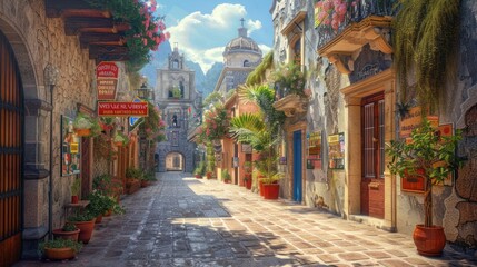 Charming cobblestone street adorned with flowers and vibrant buildings.