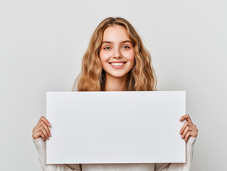 Naklejka premium Confident and Joyful Young Woman Smiling and Posing in White Studio