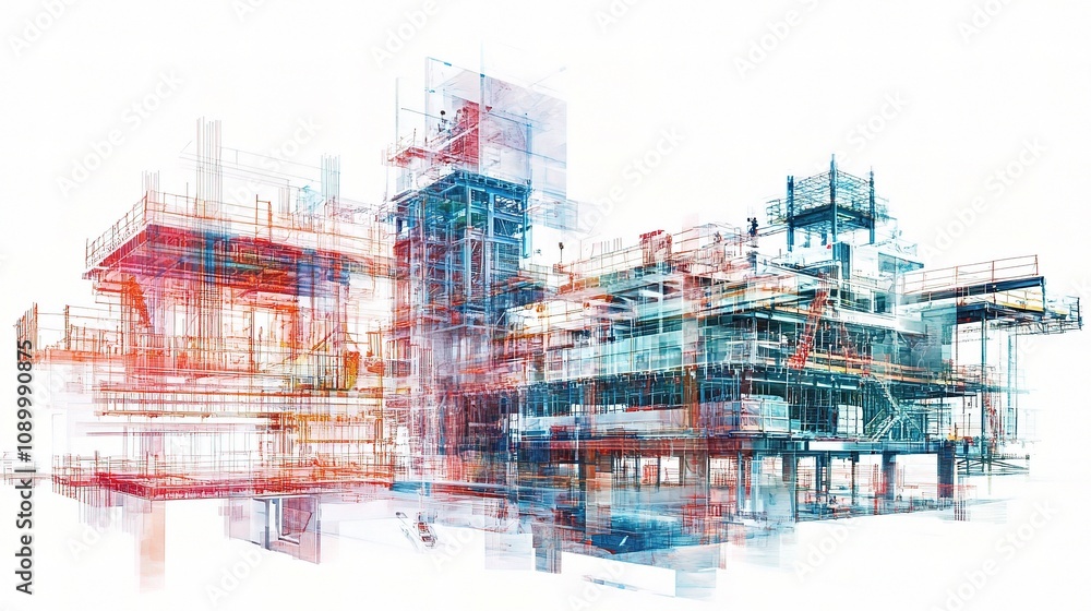 Poster abstract representation of modern architectural design with layered structures and vibrant colors sh