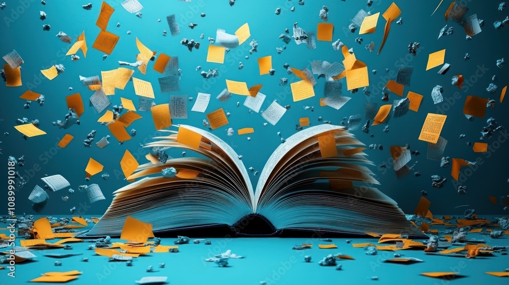 Poster an open book with colorful pages and paper pieces floating around.