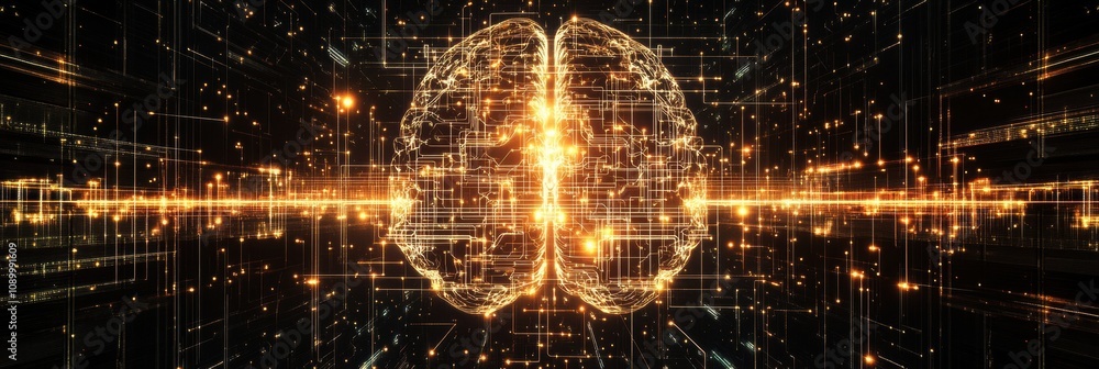 Aufkleber A digital brain intertwined with glowing circuits and data patterns, representing technology in a futuristic setting. Generative AI