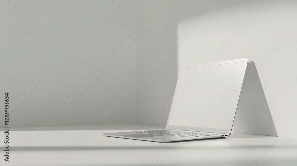Poster minimalist white laptop design on a simple desk with soft shadows and a clean aesthetic for modern w