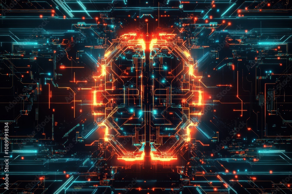 Poster this artwork showcases a vibrant digital brain with pulsating lights and intricate circuitry, embody