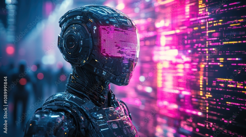 Aufkleber futuristic robot with a digital backdrop in a neon-lit setting.