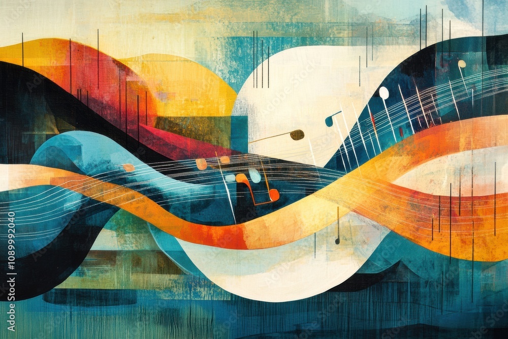 Aufkleber Colors blend to represent sound waves, musical notes flow through dynamic shapes creating an engaging auditory visual experience. Generative AI
