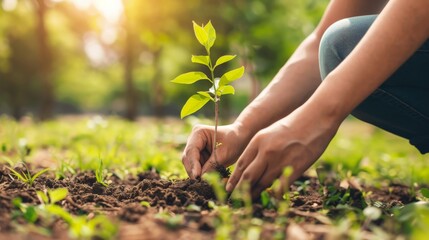 A person planting a tree in a community park, contributing to reforestation and a greener planet