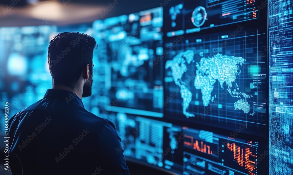 Poster data analysis and visualization, man observing digital world map on screens, high-tech environment, 