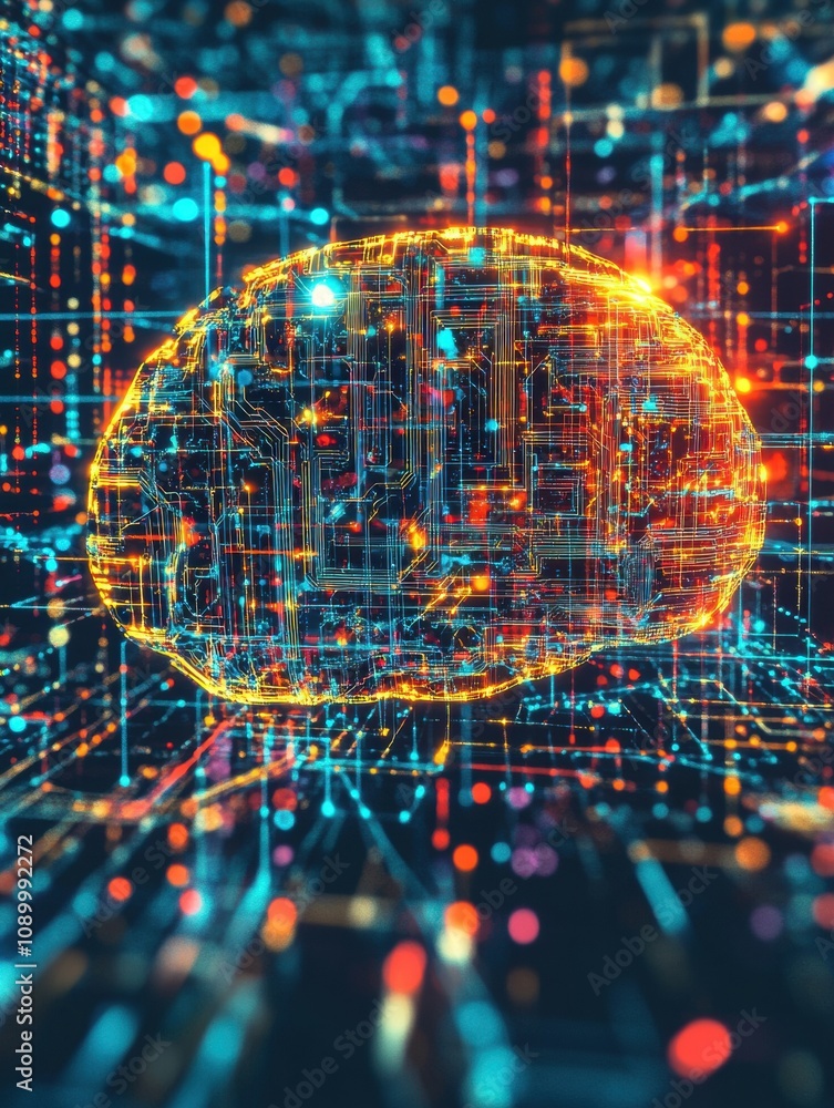 Poster an abstract representation of a digital brain surrounded by glowing neural connections and colorful 