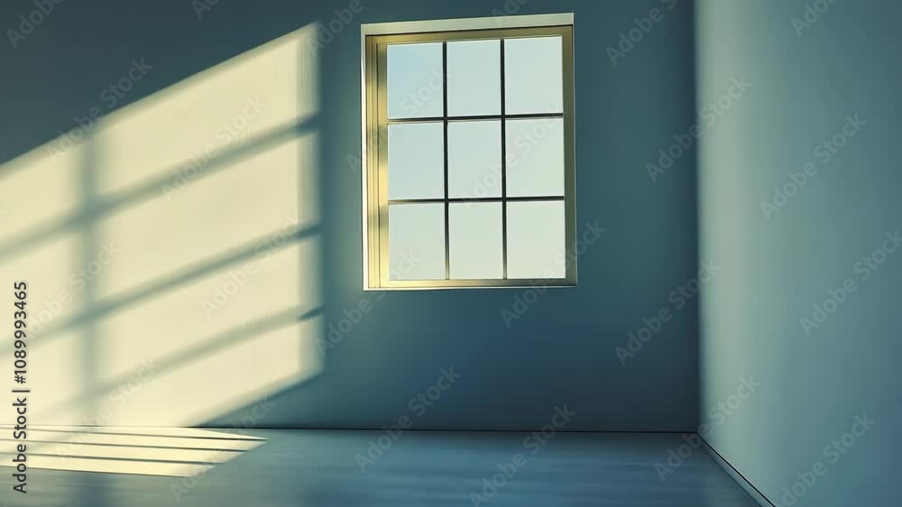 Poster minimalist shot of a single window in a plain wall, with soft light casting gentle shadows, creating