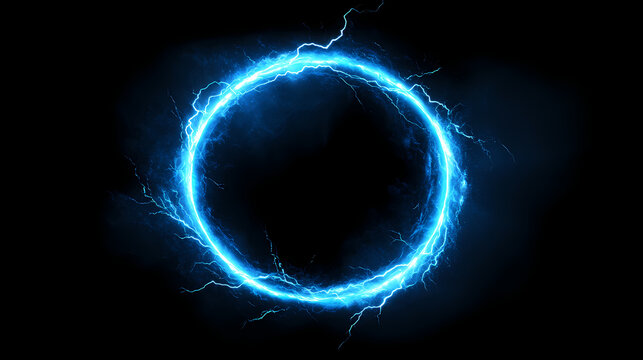 Space-time continuum a glowing electric blue lightning round frame hovering in deep space, with a vibrant plasma portal acting as a gateway to another dimension. Space-Time Portal. Illustration