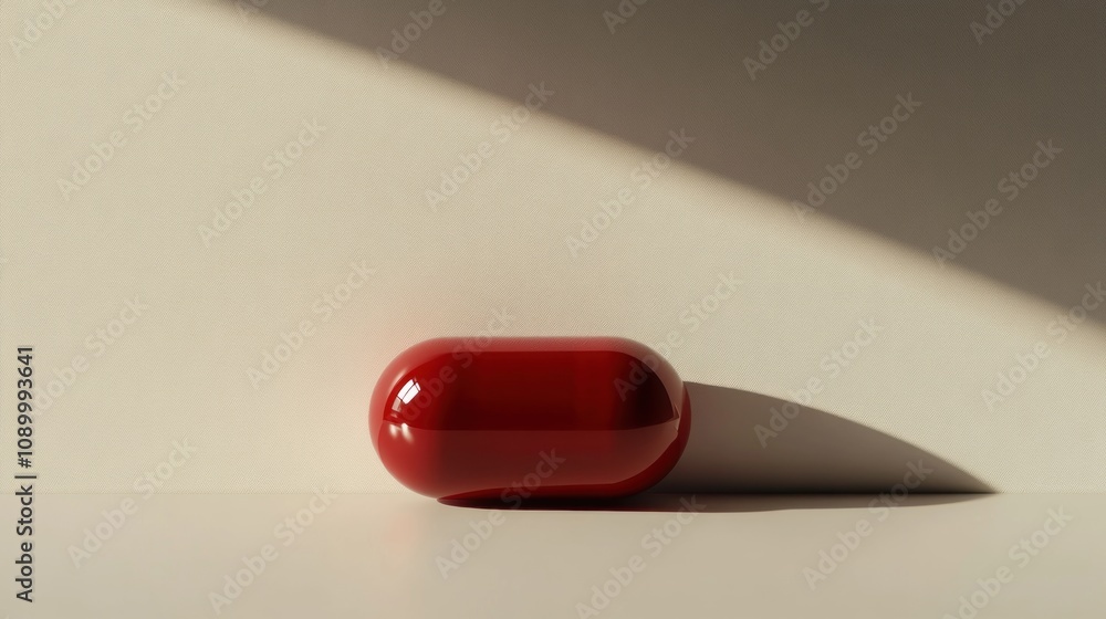 Aufkleber a single red capsule resting on a surface with soft shadows.