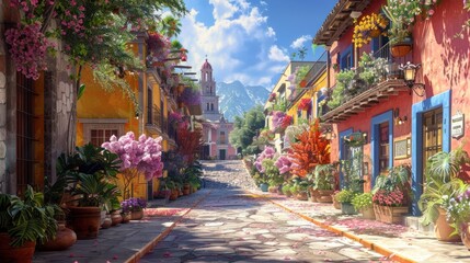 Obraz premium Vibrant street scene adorned with flowers and colorful buildings.