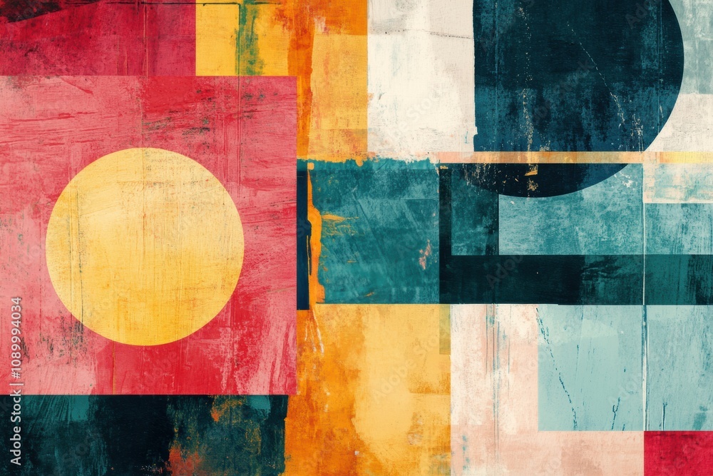 Poster an arrangement of abstract paint strokes and geometric shapes in bold colors creates a striking mode